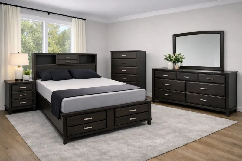 Espresso Bookcase Storage Bedroom Set