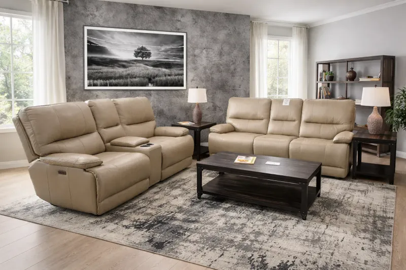 Beige Leather Power Sofa and Loveseat