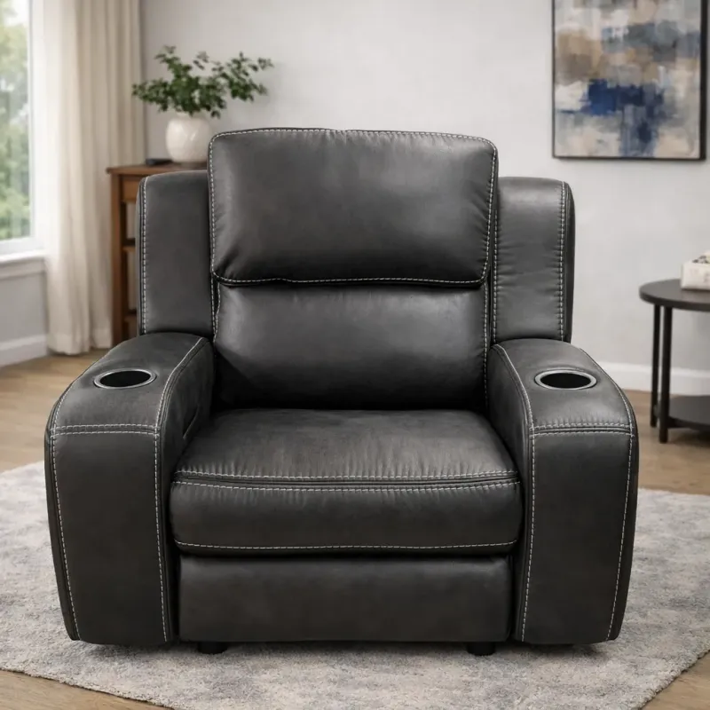Charcoal Leather Recliner with Cup Holders