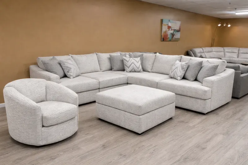 Large Grey Sectional with Swivel Chair and Ottoman