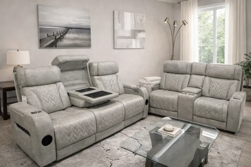 Silver Leather Power Sofa and Loveseat